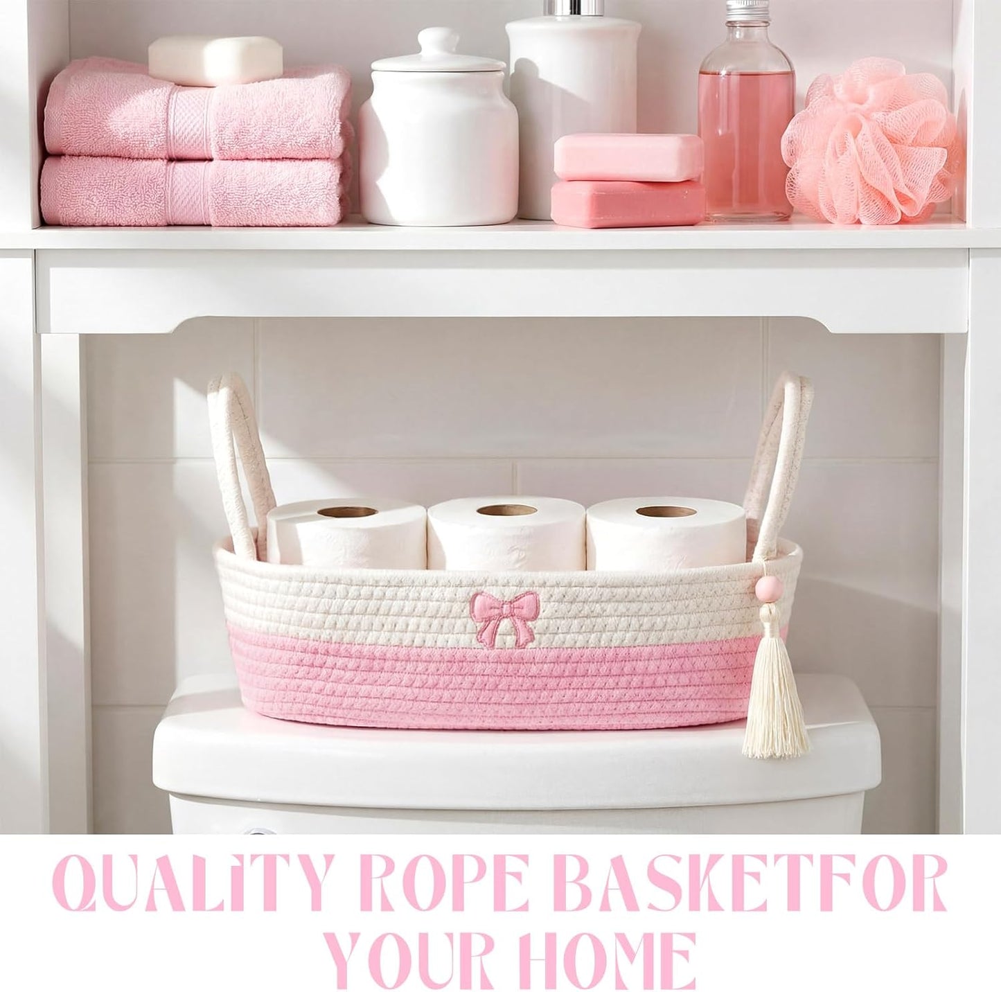 Pink Bow Woven Toilet Paper Basket - Cotton Rope Storage Basket with Handles, Oval Woven Bathroom Organizer Storage Baskets, Decorative Gift Bin for Towels, Kitchen & Vanity, 13.4"×5.5"×3.9"