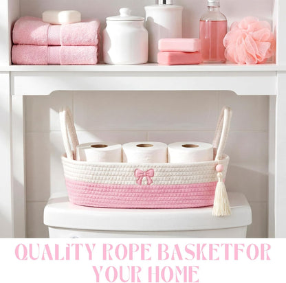 Pink Bow Woven Toilet Paper Basket - Cotton Rope Storage Basket with Handles, Oval Woven Bathroom Organizer Storage Baskets, Decorative Gift Bin for Towels, Kitchen & Vanity, 13.4"×5.5"×3.9"