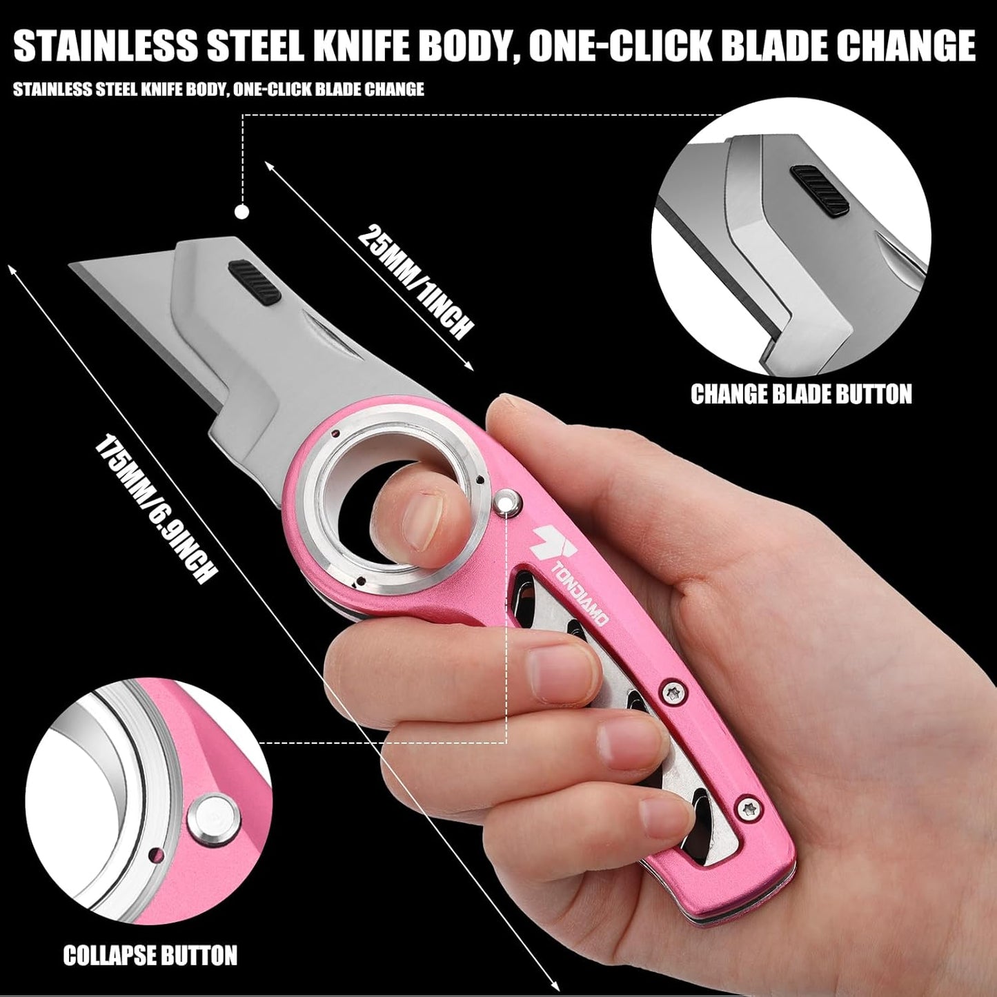 Tondiamo 2 Pcs Folding Pocket Utility Knife Heavy Duty Box Cutter Folding Razor Knife with Anti Slip Finger Loop Easy Change Blades 3 Lock Positions Design (Pink)