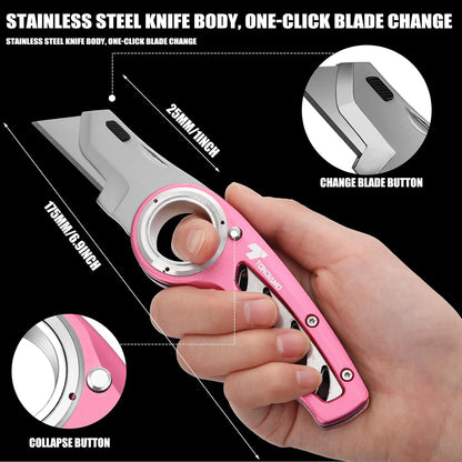 Tondiamo 2 Pcs Folding Pocket Utility Knife Heavy Duty Box Cutter Folding Razor Knife with Anti Slip Finger Loop Easy Change Blades 3 Lock Positions Design (Pink)