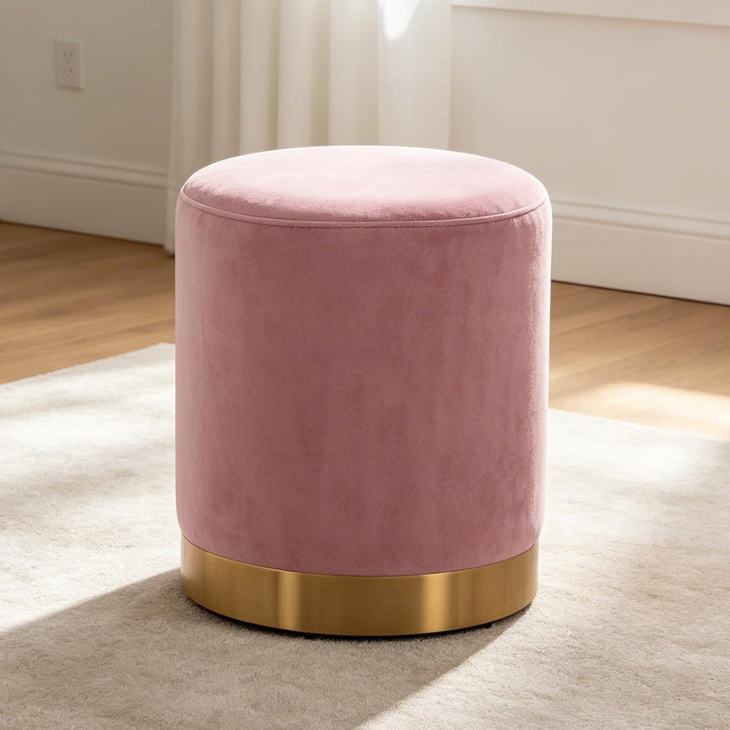 LSSBOUGHT Round Velvet Ottoman, 16" H Footrest Stool with Gold Metal Base, Modern Upholstered Vanity Stool for Living Room, Bedroom, Entryway (Pink, Set of 1)