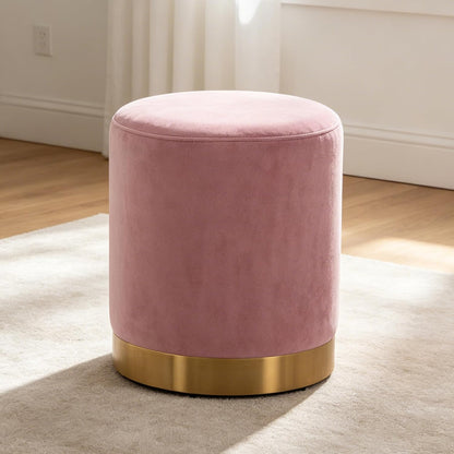 LSSBOUGHT Round Velvet Ottoman, 16" H Footrest Stool with Gold Metal Base, Modern Upholstered Vanity Stool for Living Room, Bedroom, Entryway (Pink, Set of 1)