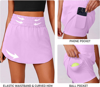 PINSPARK Golf Skirts for Women High Elastic Waisted Athletic Skort 2 Pockets Curved Hem Tennis Skirt for Pickleball Workout