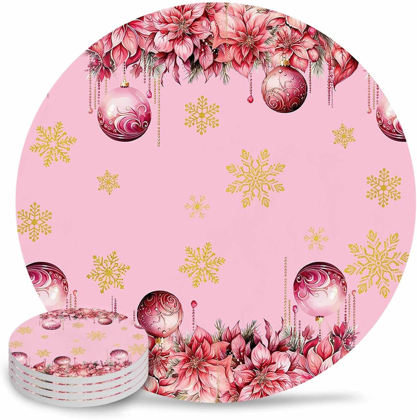 Christmas Flowers Coaster Set of 4 Light Ball Winter Snowflake Pink Drink Coasters with Holder Absorbent Ceramic Coaster for Table Dining Cup Mat for Kitche Cafe Bar Warming Gifts 4 Inches