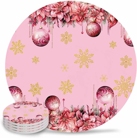 Christmas Flowers Coaster Set of 4 Light Ball Winter Snowflake Pink Drink Coasters with Holder Absorbent Ceramic Coaster for Table Dining Cup Mat for Kitche Cafe Bar Warming Gifts 4 Inches