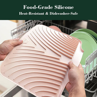 Silicone Dish Drying Mat for Kitchen Counter, Sloped Dish Drainer Mat with Drainage Ridges Grooves, Reliable Support, Non-Slip, Portable, Pink, 14.6" x 11.8"