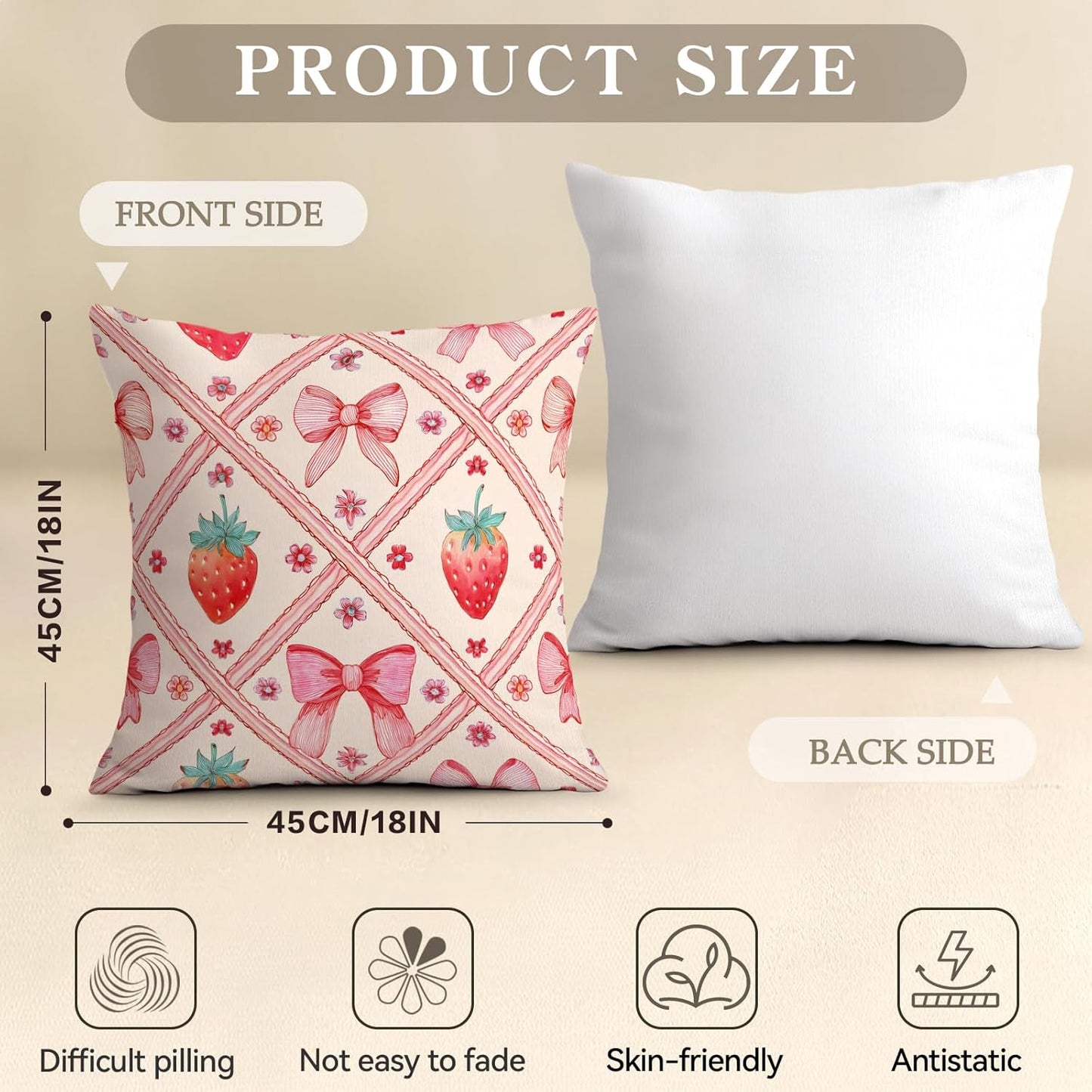OBSEDE Pink Bow Strawberry Throw Pillow Covers 18 × 18 in, Set of 4, Couch Cushion Cases Inserts for Sofa Bed Living Room Home Decor, Single Side Print