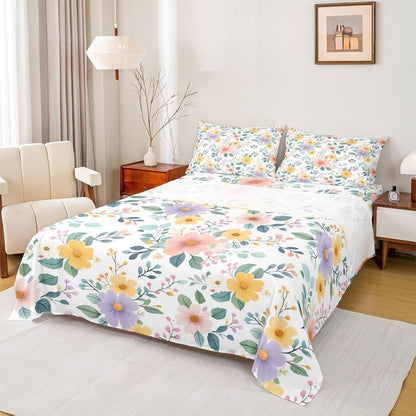 Erosebridal Floral Bed Sheets Set Full Peach Blossom Sheet Set Colorful Flowers Hand Drawn Sheets Pink Black Botanical Flat Fitted Sheet