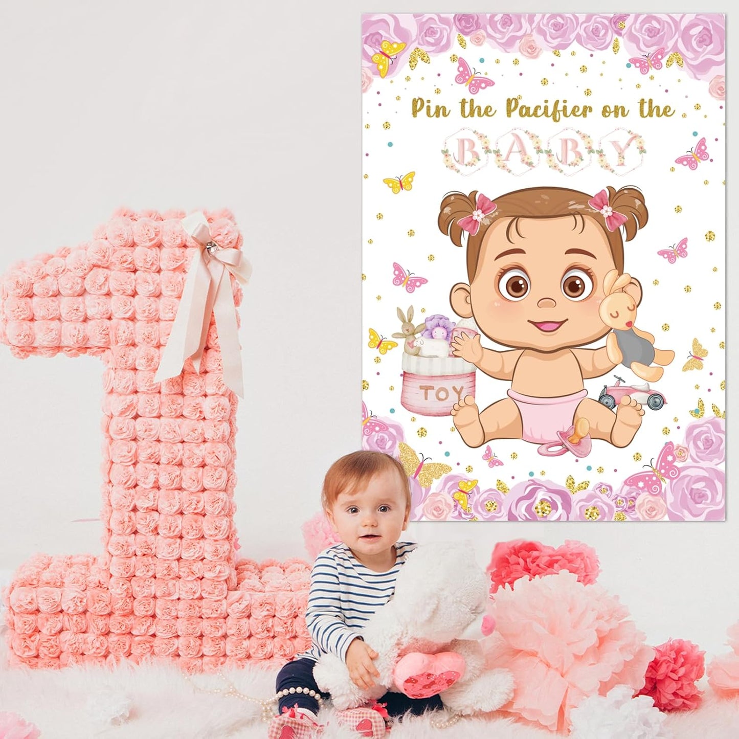 Pin The Pacifier On The Baby Game, Pink Baby Shower Decoration Pin Pacifier on Baby Poster Butterfly Theme Decor with 48 Pacifier Stickers Game for Baby Shower Party Birthday Party Supplies