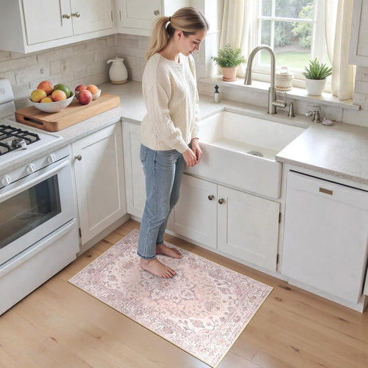 RELEANY Area Rugs Small 2'x3' Washable Non-Slip, Floral Vintage Distress Medallion Carpet for Kitchen Entryway Bathroom, Pink Greypink Cute