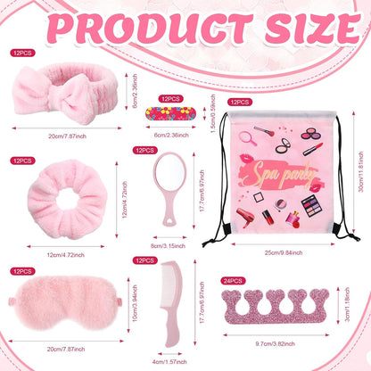 Janinka 108 Pcs Sleepover Spa Party Supplies for 12 Guests, Including Pink Headband, Scrunchies, Eye Mask, Nail File, Toe Separator, Comb, Mirror, Drawstring Bag for Women's Pajama Party
