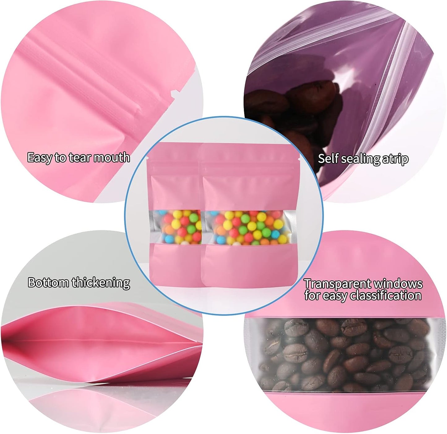 100 Pieces Smell Proof Mylar Resealable Food Storage Bags With Clear Window, Foil Pouch Stand-up for Self Sealing Supplies (Pink, 3.5 x 5 Inch)