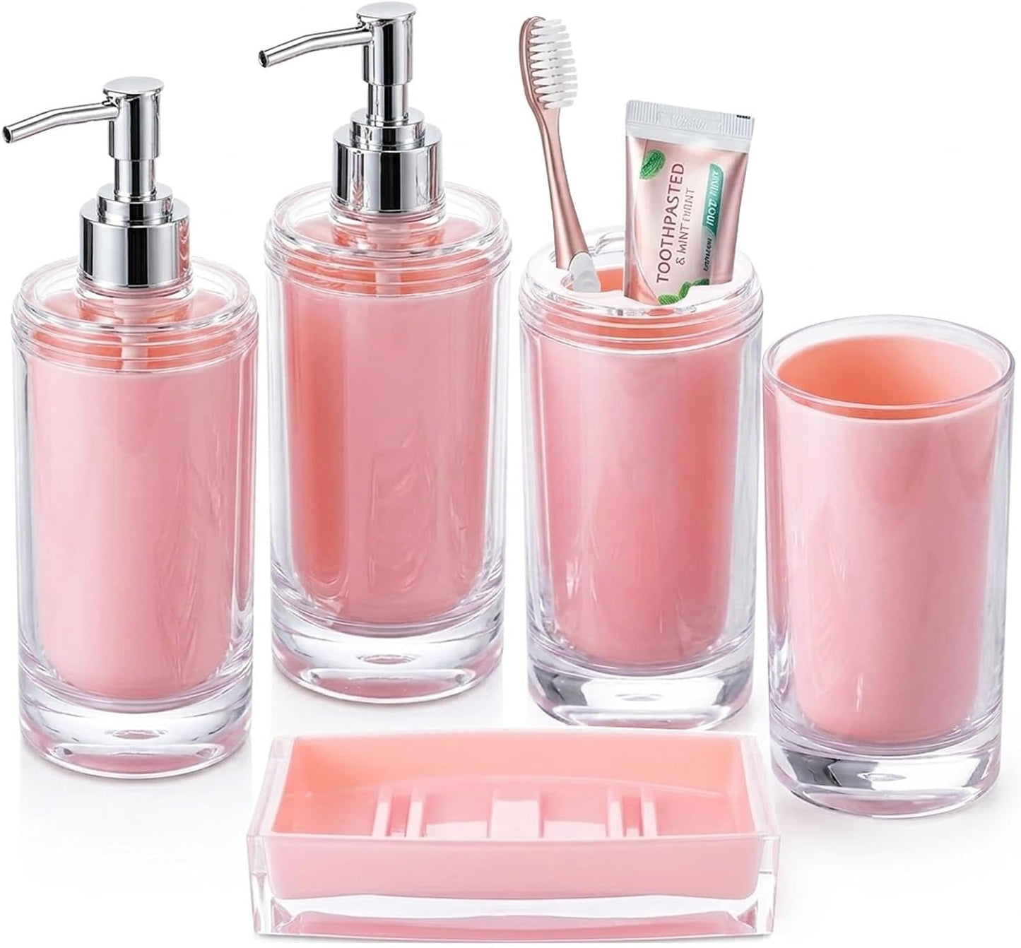 Pink Bathroom Accessories Set 6 Pieces Acrylic, Include Soap Dispenser, Toothbrush Holder, Tumbler, Soap Dish, Lables, Bathroom Countertop Set, Cute Bathroom Sink Decor