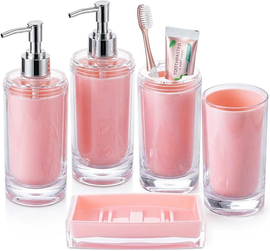 Pink Bathroom Accessories Set 6 Pieces Acrylic, Include Soap Dispenser, Toothbrush Holder, Tumbler, Soap Dish, Lables, Bathroom Countertop Set, Cute Bathroom Sink Decor