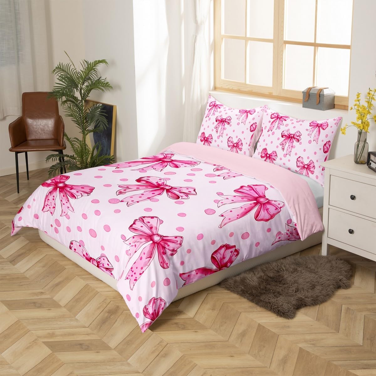 Erosebridal Pink Princess Bow Duvet Cover Twin Cute Coquette Bowknot Bedding Set Kawaii Ribbon Bow Comforter Cover for Kids Girls Teen Women,Pink Watercolor Polka Dot Bed Set