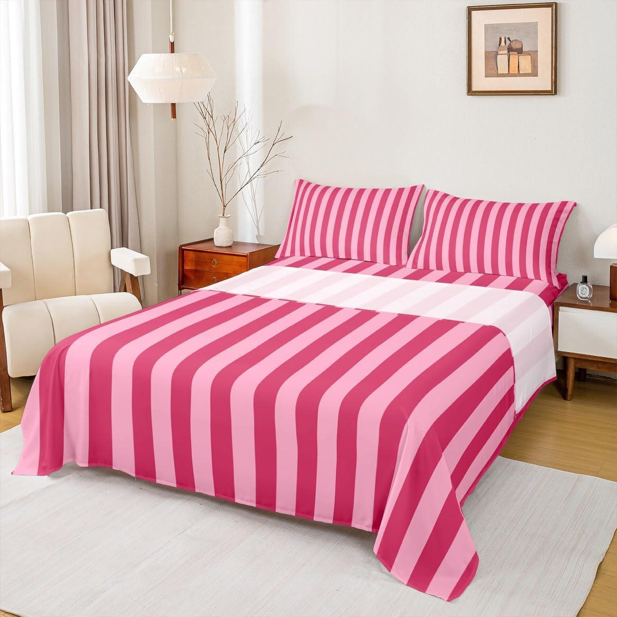 Rose Pink Red Bedding for Kids Boys Girls Abstract Stripes Bed Sheets Set King Size Geometric 4 Pieces Sheet with 16 Inch Deep Pockets Bedroom Decor Breathable Soft Lightweight Microfiber Modern 4Pcs