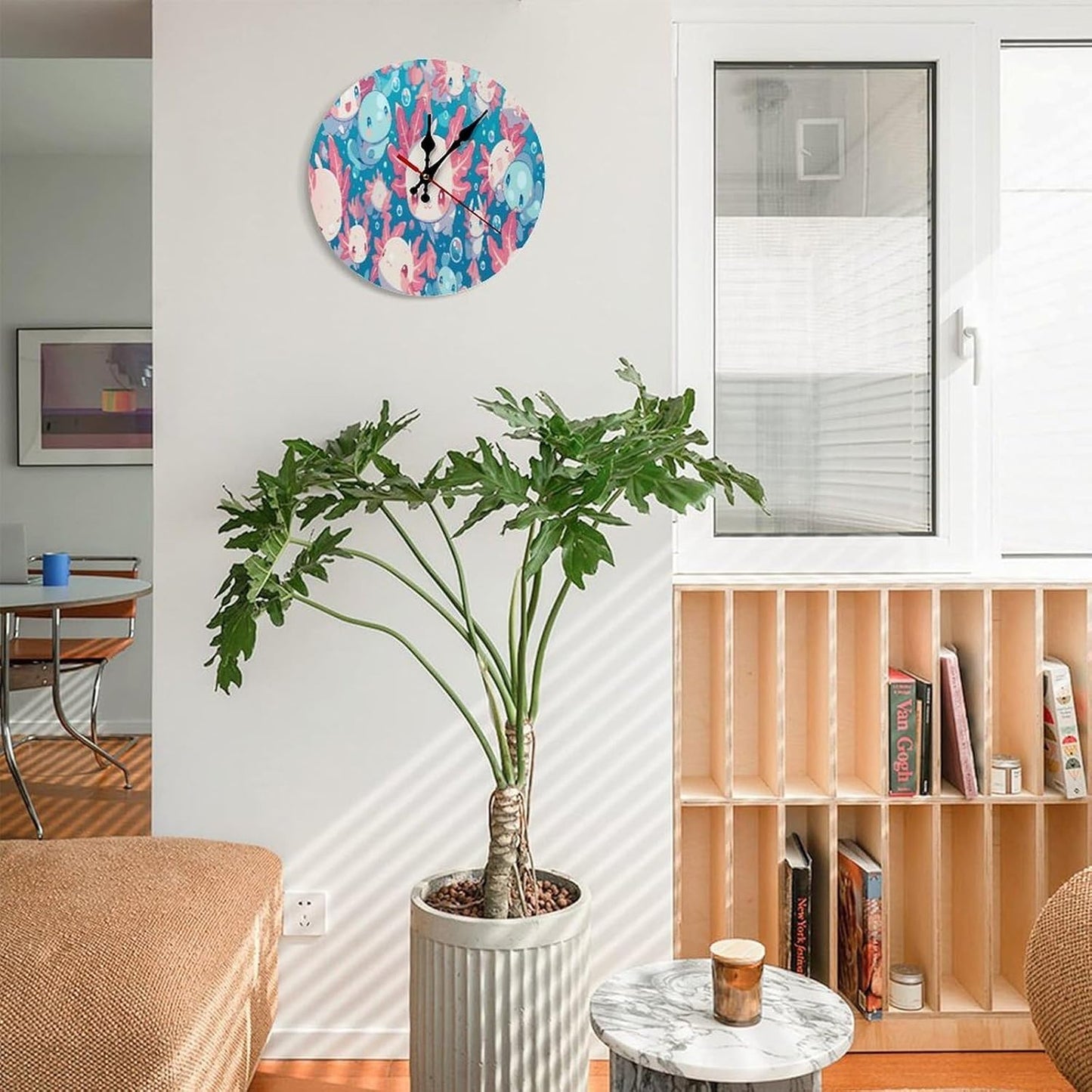 Cute Kawaii Sea Creatures Wall Clock with Pink Coral and Blue Fish Design Battery Operated Round Wooden Clocks Silent Non Ticking for Kids Room Or Nursery Decor 10 Inch