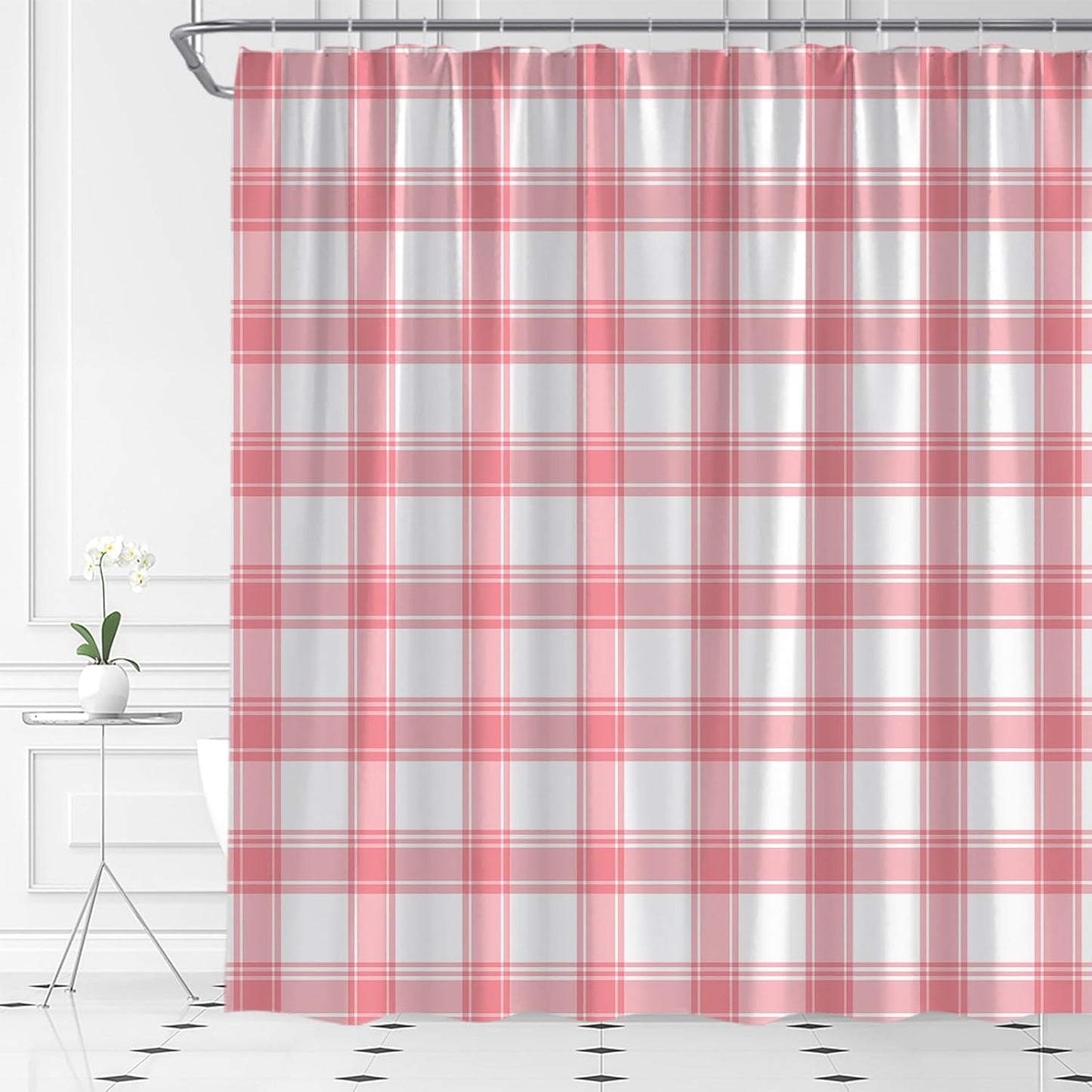Pink Plaid Shower Curtain Checkered Geometric Buffalo Check Rustic Farmhouse Fabric Bathroom Decor(72''Wx72''L)