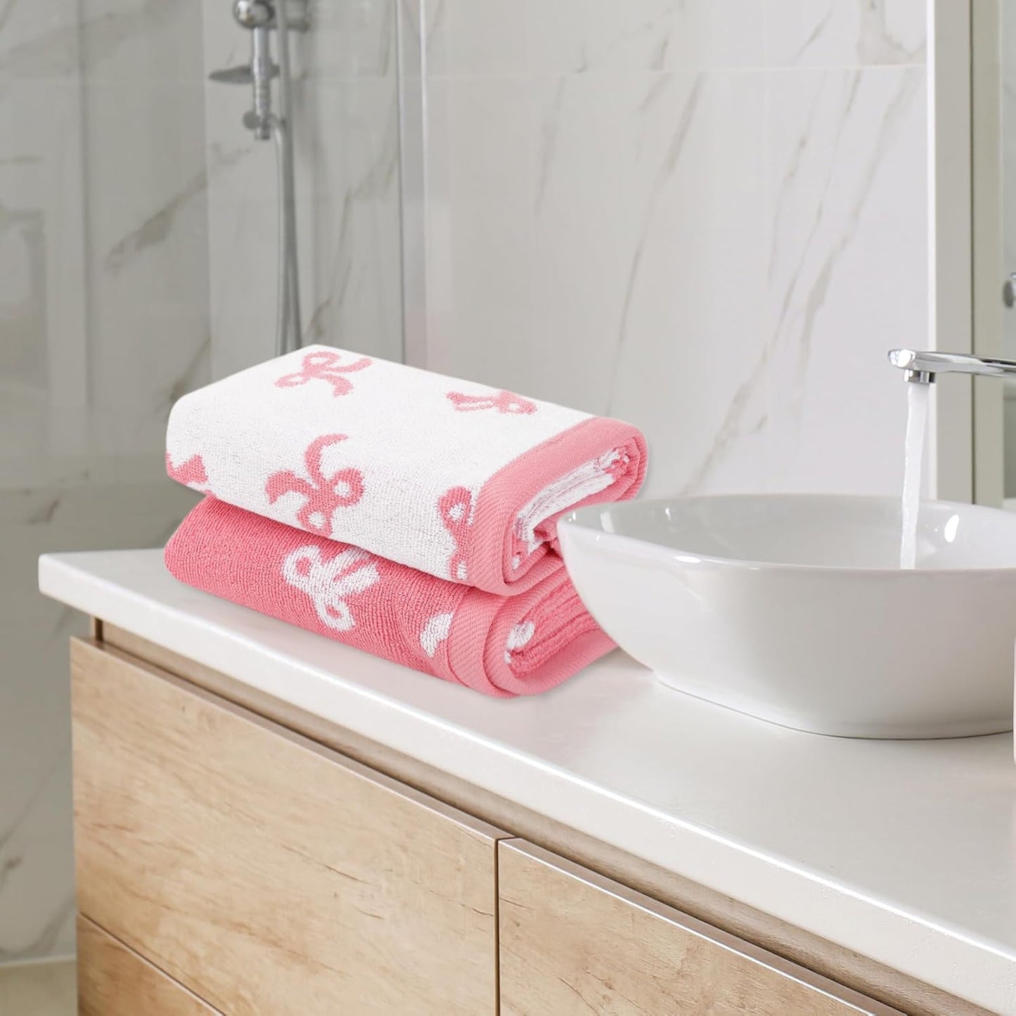 FYSUIMU 2Pcs Pink Bow Hand Towels for Bathroom Cute White Pink Bowknot Embroidered Cotton Soft Decorative Dish Towels for Drying Cooking Kitchen Cleaning Bridal Shower Wedding Gift Set, 29.5 x 13.7 In
