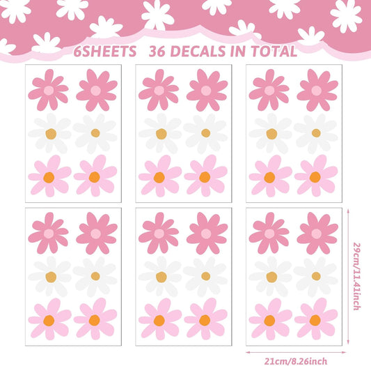 BBTO Daisy Wall Decal Flower Vinyl Wall Floral Decals Peel and Stick Daisy Stickers for Kids Nursery Art Bedroom Living Room(Pink, White)