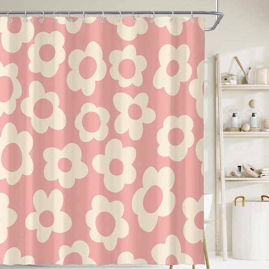 Pink Cute Girly Retro Floral Abstract Shower Curtain for Bathroom 72W*72H Inch Girl 70s Lovely Vintage Flower Aesthetic Funky Bathtub Decor Modern Trendy Waterproof Polyester Fabric Set with 12 Hooks