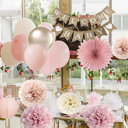 Baby Shower Decorations for Girls with Rustic Burlap Welcome Banner and Rose Gold Balloons Dusty Pink Paper Party Supplies (Pink + Champagne Gold)