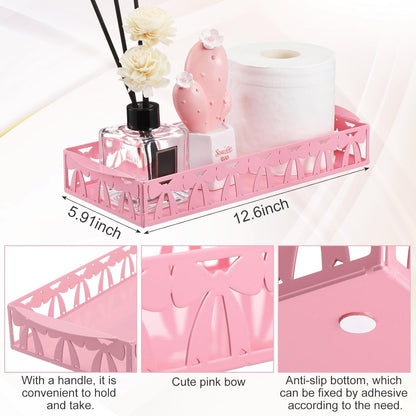 Pink Bow Toilet Paper Basket Cute Metal Toilet Tank Paper Holder with Handle Pink Bow Bathroom Storage Organizer Coquettish Preppy Accessories Decor for Bathroom Restroom
