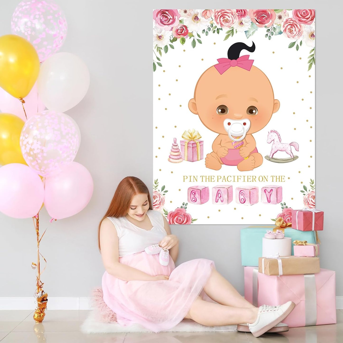 Faccito Pin The Pacifier Baby Shower Game Baby Shower Party Decorations Include Large Poster 24 Pacifier Stickers Blindfold Game Set for Birthday Party Decor Supplies(Pink,Fair)