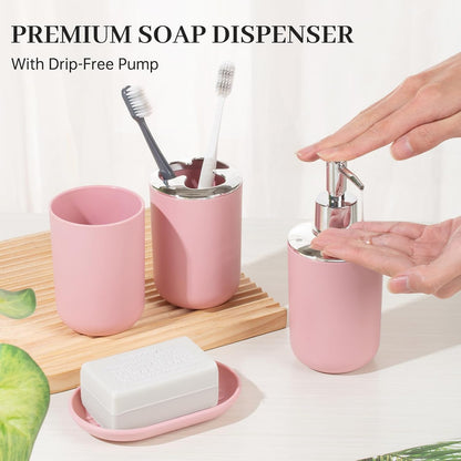 Bathroom Accessory Set, 4 Pcs Plastic Bathroom Set Include Soap Dispenser, Soap Dish, Toothbrush Holder, Mousewash Cup, Modern Bahtroom Décor Set, Space Save for Bathroom(Light Pink)