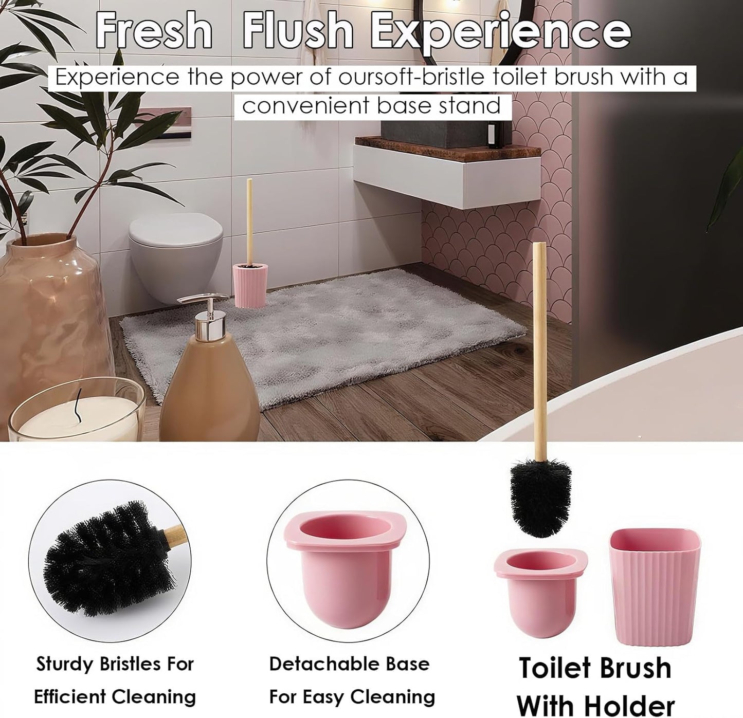 Pink Bathroom Accessories Set, 10 Pieces Bamboo Bathroom Set with Trash Can, Tray, Soap Dispenser, Soap Dish, Toothbrush Holder, Toothbrush Cup, Tissue Holder, Toilet Brush and Qtip Holders