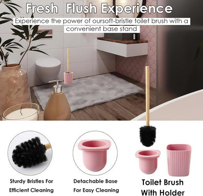 Pink Bathroom Accessories Set, 10 Pieces Bamboo Bathroom Set with Trash Can, Tray, Soap Dispenser, Soap Dish, Toothbrush Holder, Toothbrush Cup, Tissue Holder, Toilet Brush and Qtip Holders