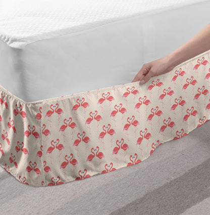 Lunarable Flamingo Bedskirt, Flamingo Couple Heart Shape Polka Dot Background Romantic Design Art, Bedroom Decor Wrap Around Elastic Bed Skirt Gathered Design, King, Cream Pale Pink Peach