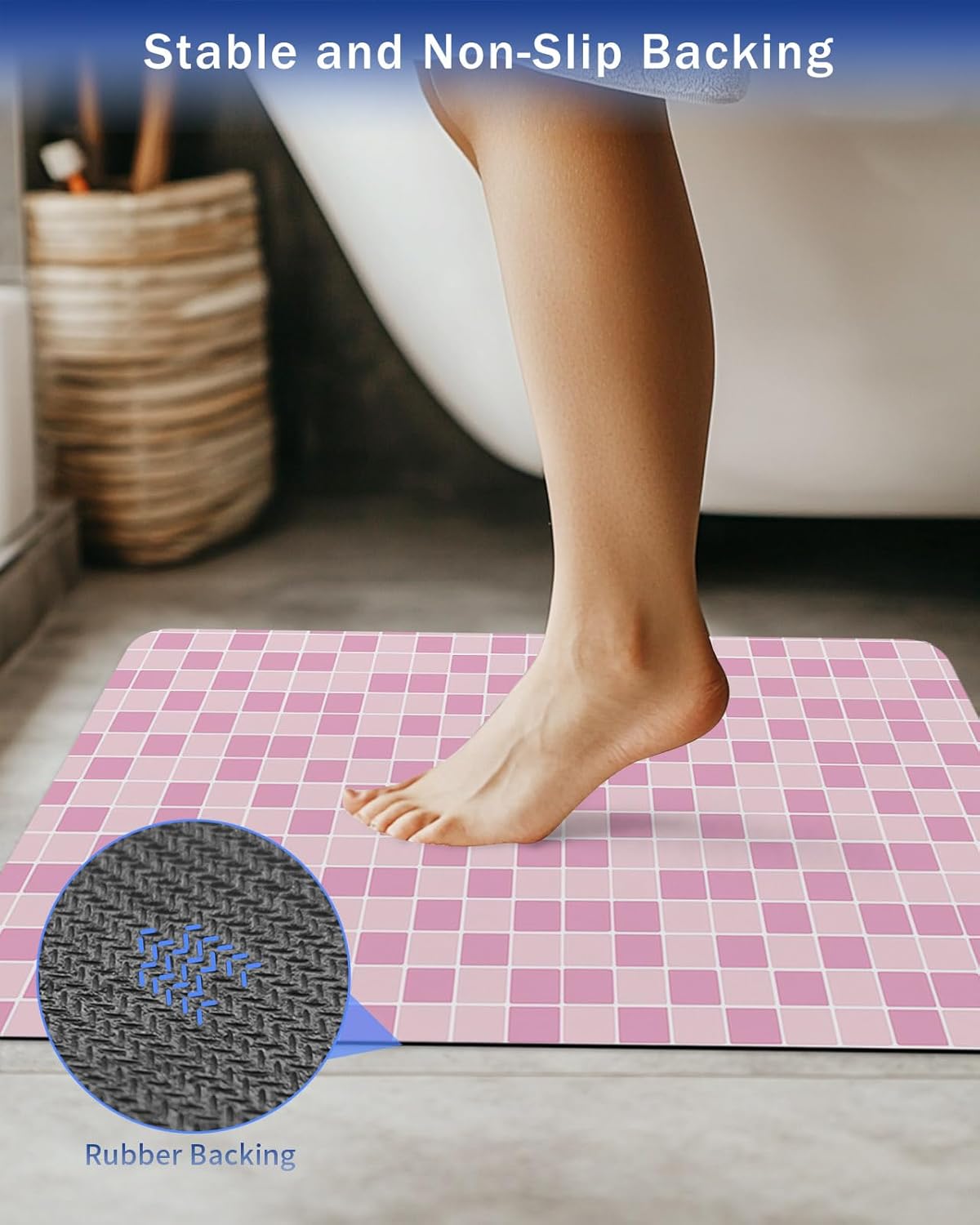 Modern Geometric Square Lattice Bath Rug Diatomite Shower Mat, Absorbent Bath Mat Non Slip Quick Dry Bathroom Rugs for Shower Bathtub Sink Kitchen Pink Buffalo Checker Ombre