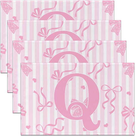 Feelyou Bow Placemats Set of 4 Pink White Bow Table Mats for Party Kitchen Dining Decoration Bowknot Place Mat for Table Holiday Decor Indoor Outdoor 18"x12" Non-Slip Easy to Clean Washable Kawaii
