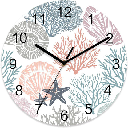 Underwater World Wall Clock Battery Operated Non-Ticking 10" Round Wood Clocks, Marine Life Starfish Coral Shell Pink Kitchen Wall Clock for School Bathroom Living Room Home Office Wall Decor