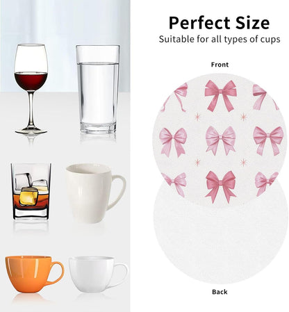 Nine Light Pink Bows Drinks Coasters Set of 4 Leather Drink Coasters for Tabletop Protection Heat Resistant Bar Cup Mat Pad