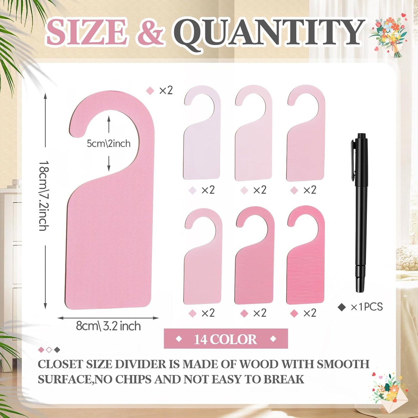 Patelai 14 Pcs Blank Wooden Clothing Rack Divider with Marker Pen Closet Blank Organizers Hanger Separators Hanging Closet Divider for Home Nursery Clothes(Pink)