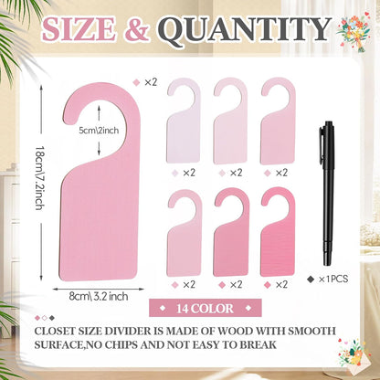 Patelai 14 Pcs Blank Wooden Clothing Rack Divider with Marker Pen Closet Blank Organizers Hanger Separators Hanging Closet Divider for Home Nursery Clothes(Pink)