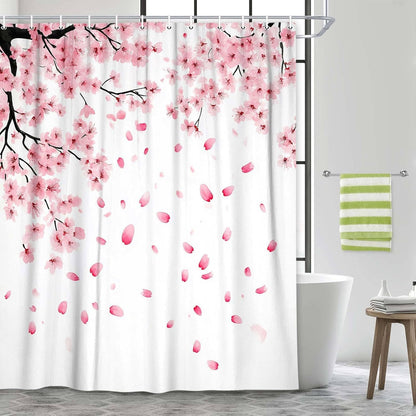 Pink Cherry Blossom Shower Curtain, Floral Blooming Plum Asian Floral Japanese Sakura Shower Curtain for Bathroom Decor, Waterproof Polyester Fabric Bath Curtain with 12 Hooks, 60x70