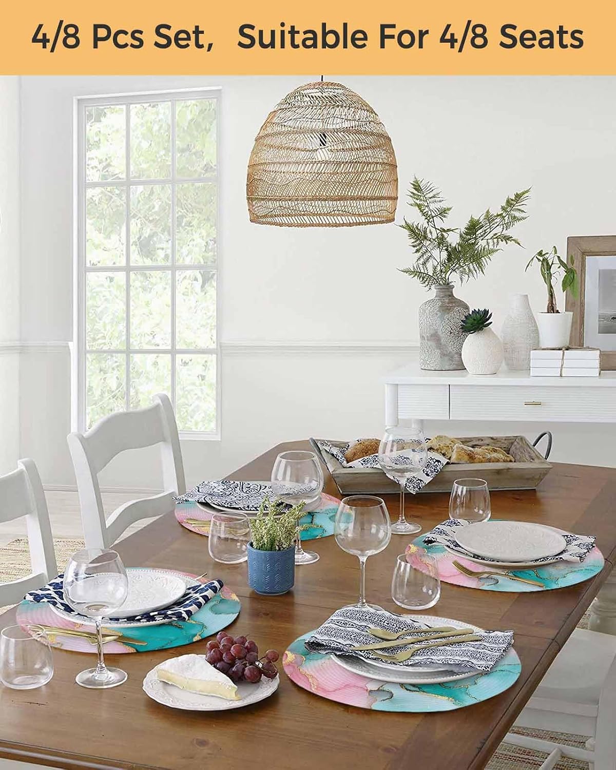 Teal Pink Marble Round Placemats Set of 4 Abstract Ink Painting Luxury Modern Place Mats Indoor Woven Table Mats Washable Heat-Resistance Braided Dining Table Placemats for Kitchen Holiday 15 Inch