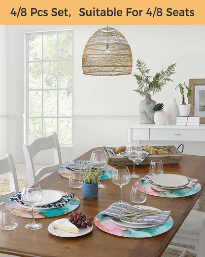 Teal Pink Marble Round Placemats Set of 4 Abstract Ink Painting Luxury Modern Place Mats Indoor Woven Table Mats Washable Heat-Resistance Braided Dining Table Placemats for Kitchen Holiday 15 Inch