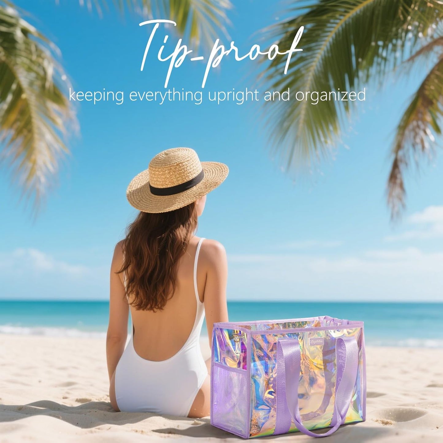 Bagstellar Iridescent Beach Tote Bags for Women, Large Zipper Beach Pool Swim Bag with Makeup Bag & Waterproof Phone Pouch | Waterproof Sandproof