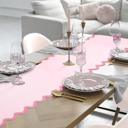Pink Bow Table Runner 72 Inches Cute Embroidery Scalloped Table Runner Coquette Dining Decor for Wedding Birthday Baby Shower Spring Summer Home Decor