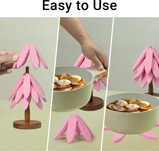 Silicone Trivets Mat Set for Hot Dishes - Tree Trivets with Stand - Hot Pads Pot Holders for Kitchen (Pink)
