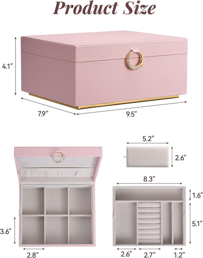 pickpiff 2 Layer Jewelry Box Organizer for Women, Jewelry Organizer with Handle & Removable Tray, Necklace Holder Ring Earring Storage, Velvet Lined Jewelry Case for Home or Travel, Gift Ready, Pink