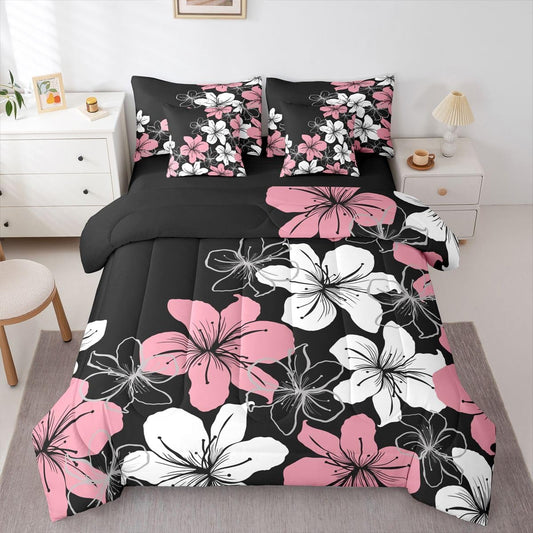 Castle Fairy 7 Pcs Peach Blossom Comforter Set,Dusty Pink Floral Down Comforter Queen Size with Sheets Sets Microfiber Soft,Romantic Vintage Flowers Bed Sets in a Bag,All Season