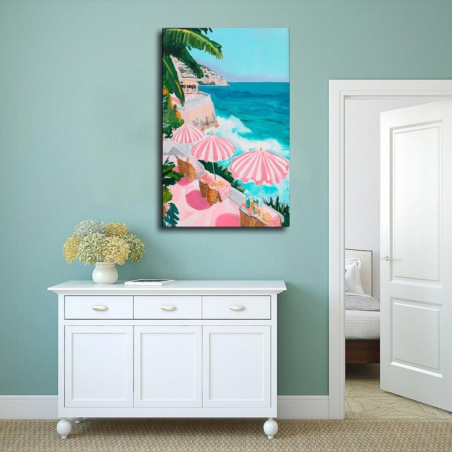 Pink Beach Umbrella Coastal Wall Art Pastel Ocean Canvas Print for Girly Apartment Bedroom Decor, Retro Mediterranean Vacation Poster for Cute Aesthetic Preppy Room Aesthetics