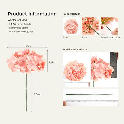 Auihiay 64 PCS Full Hydrangea Flowers, Silk Hydrangea Artificial Flowers Heads with Stems, Artificial Flowers for Wedding, Garden, Baby Shower, Party, Outdoor Indoor Decoration (Light Peach)