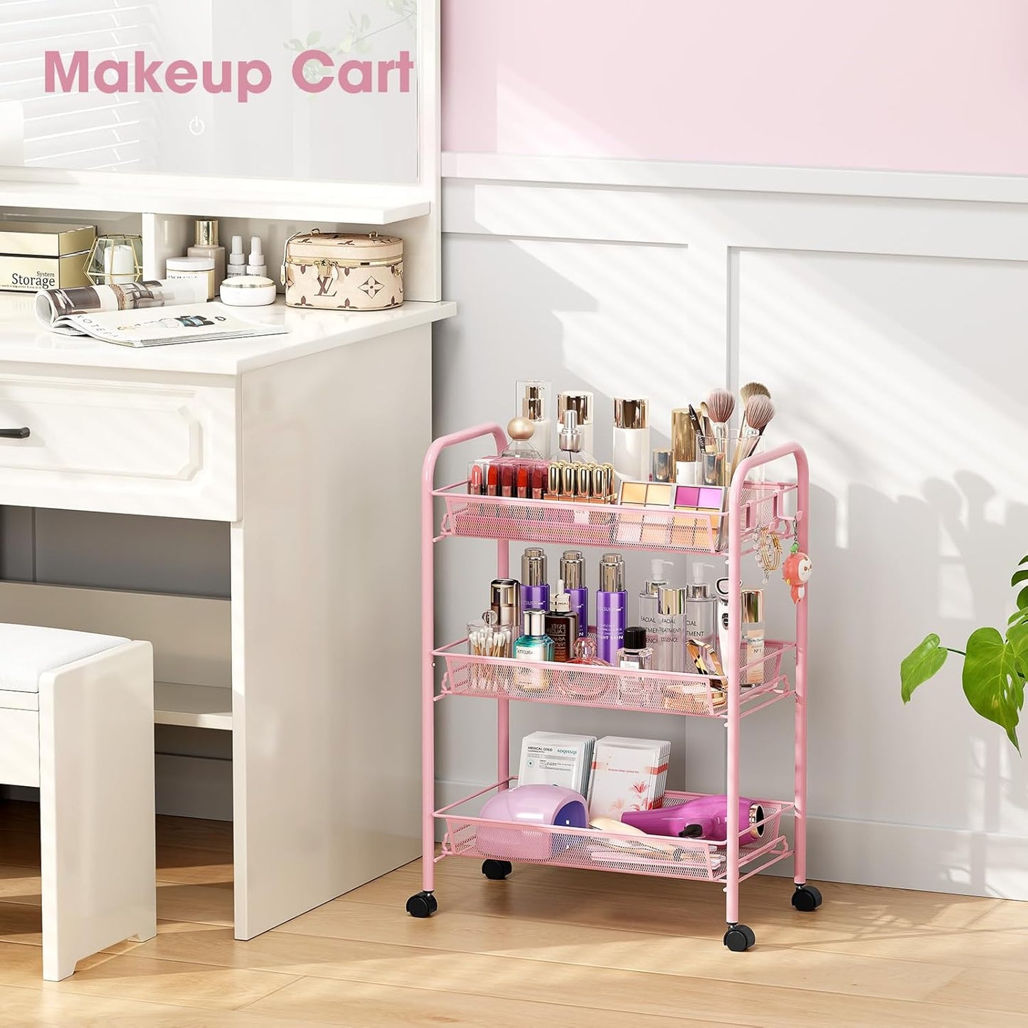 TOOLF 3 Tier Rolling Cart Pink - Metal Storage Organizer with Wheels, 33 lbs Shelf Capacity, Easy 5-Min Assembly, for Girls Room Bathroom Kitchen Office Nursery, Compact Design for Small Spaces, Pink