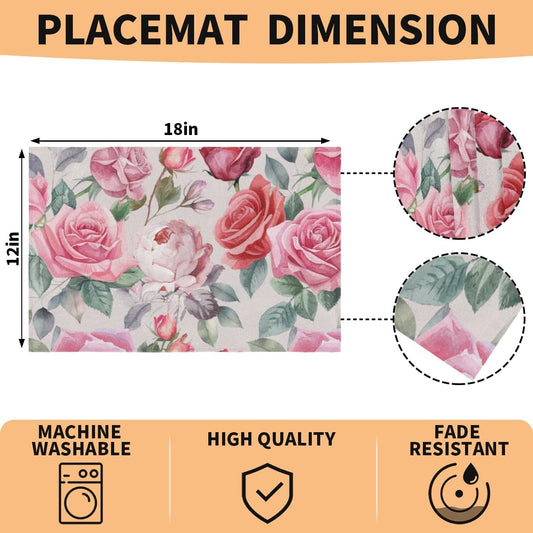 Pink Rose Placemats Set of 4, Washable Elegant Vintage Placemats, Non-Slip Table Rectangle Linen Place Mats for Kitchen Dining Party Farmhouse Home Indoor Table Decor